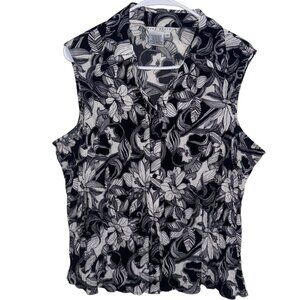 Fred David Womens Black & White Floral Sleeveless Button-Up Blouse Top Size 1X